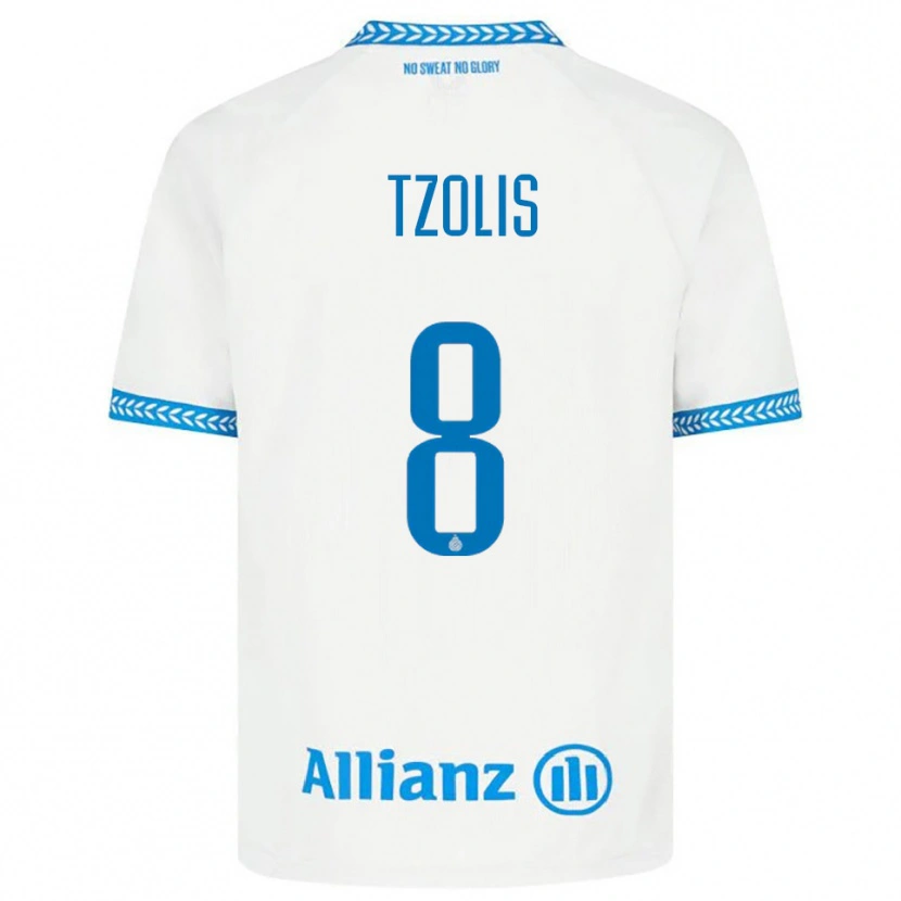 Danxen Bambino Maglia Christos Tzolis #8 Blu Bianco Kit Gara Away 2025/26 Maglietta