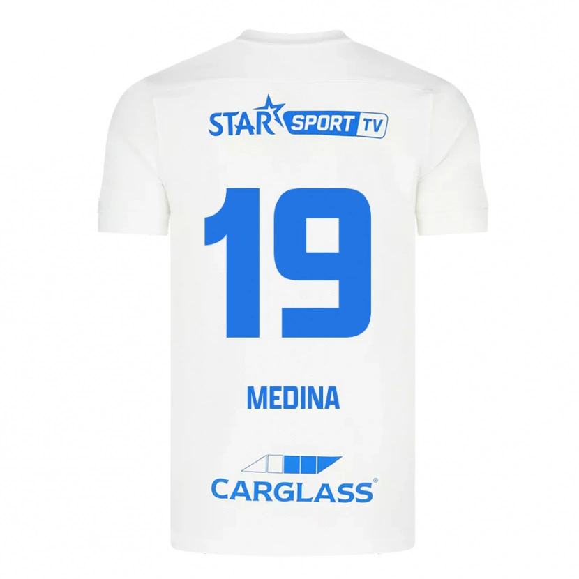 Danxen Bambino Maglia Yaimar Medina #19 Bianco Blu Kit Gara Away 2025/26 Maglietta