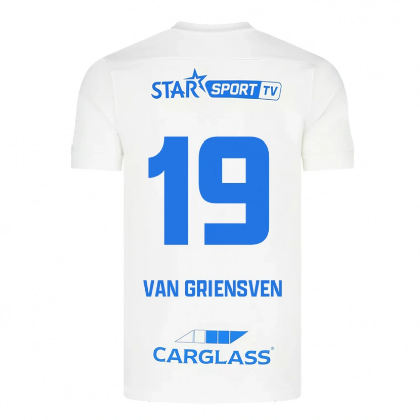 Danxen Bambino Maglia Evy Van Griensven #19 Bianco Blu Kit Gara Away 2025/26 Maglietta