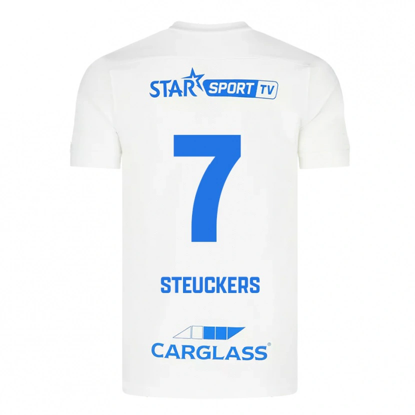 Danxen Bambino Maglia Jarne Steuckers #7 Bianco Blu Kit Gara Away 2025/26 Maglietta