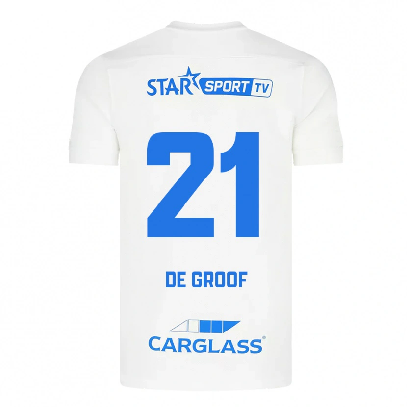 Danxen Uomo Maglia Jens De Groof #21 Bianco Blu Kit Gara Away 2025/26 Maglietta