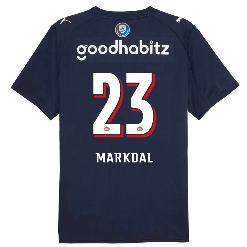 Danxen Donna Maglia Mikkel Markdal #23 Navy Bianco Kit Gara Away 2025/26 Maglietta