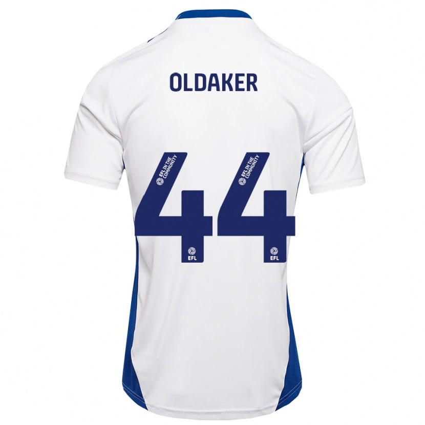 Danxen Bambino Maglia Darren Oldaker #44 Bianco Blu Kit Gara Away 2025/26 Maglietta