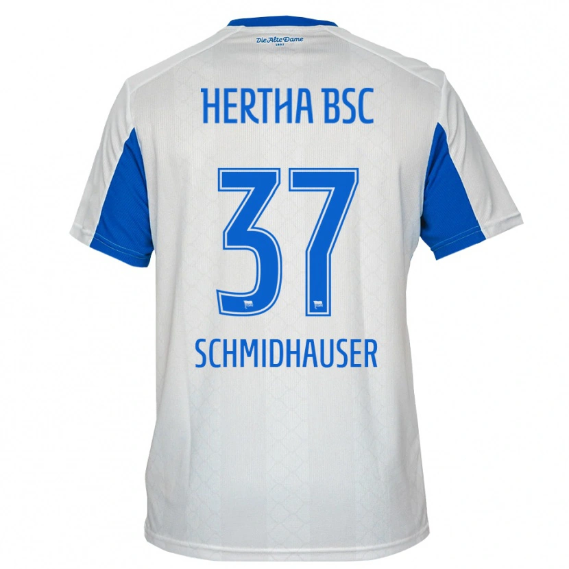 Danxen Bambino Maglia Oliver Schmidhauser #37 Bianco Blu Kit Gara Away 2025/26 Maglietta