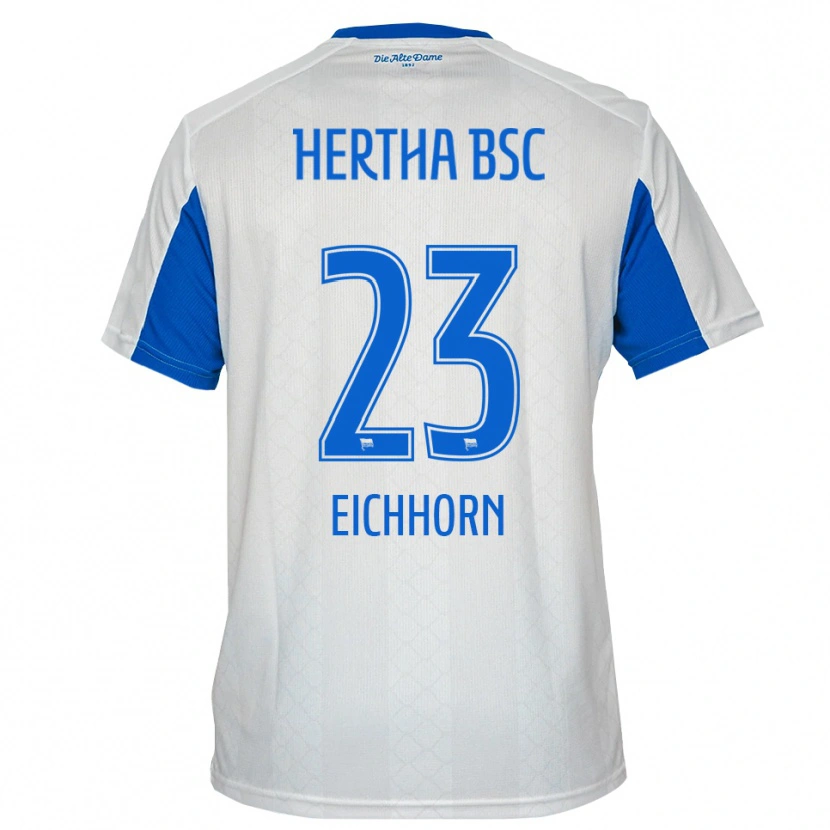 Danxen Bambino Maglia Kennet Eichhorn #23 Bianco Blu Kit Gara Away 2025/26 Maglietta