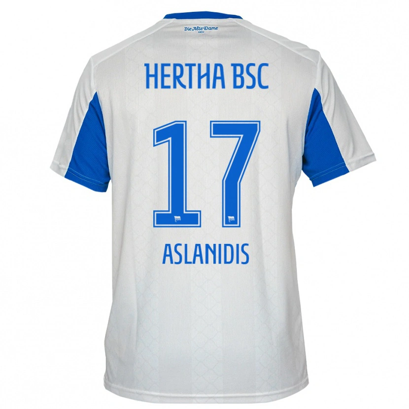 Danxen Bambino Maglia Elijas Aslanidis #17 Bianco Blu Kit Gara Away 2025/26 Maglietta