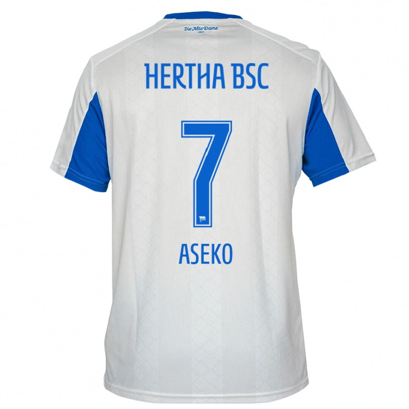 Danxen Bambino Maglia Benjamin Aseko #7 Bianco Blu Kit Gara Away 2025/26 Maglietta