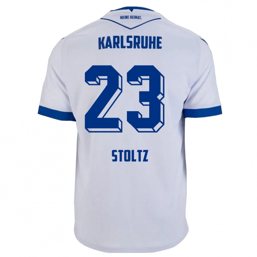 Danxen Bambino Maglia Michael Stoltz #23 Bianco Blu Kit Gara Away 2025/26 Maglietta