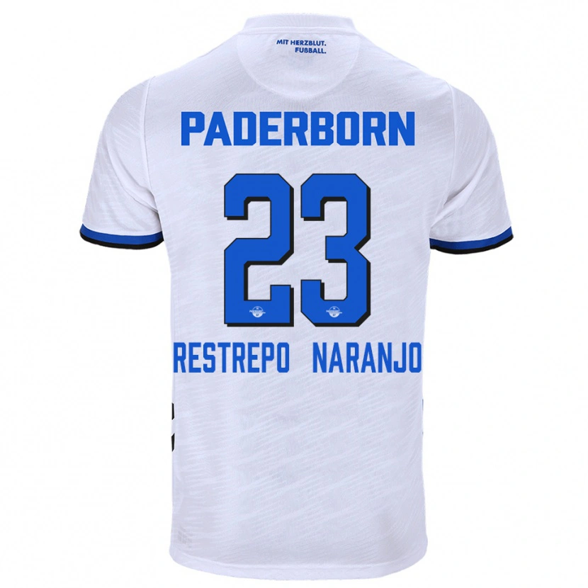 Danxen Bambino Maglia Pedro Restrepo Naranjo #23 Bianco Blu Kit Gara Away 2025/26 Maglietta