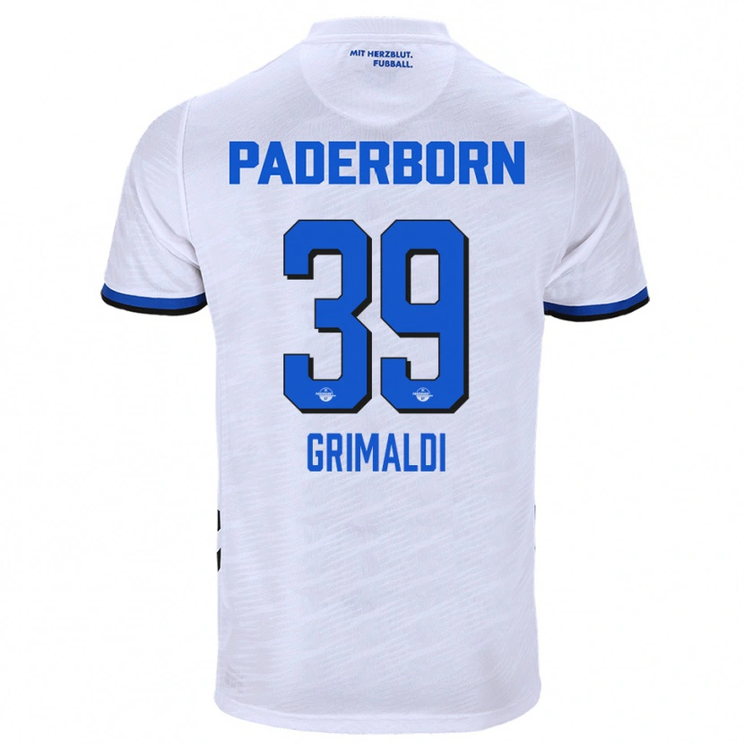 Danxen Bambino Maglia Adriano Grimaldi #39 Bianco Blu Kit Gara Away 2025/26 Maglietta