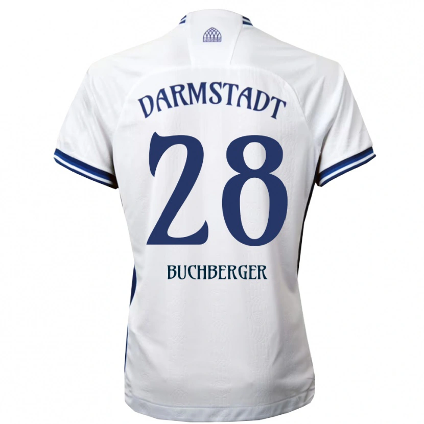Danxen Bambino Maglia Jonas Buchberger #28 Bianco Blu Kit Gara Away 2025/26 Maglietta