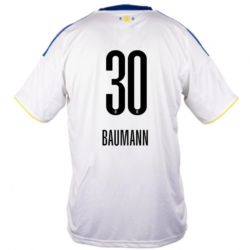 Danxen Bambino Maglia Dominic Baumann #30 Bianco Blu Giallo Kit Gara Away 2025/26 Maglietta