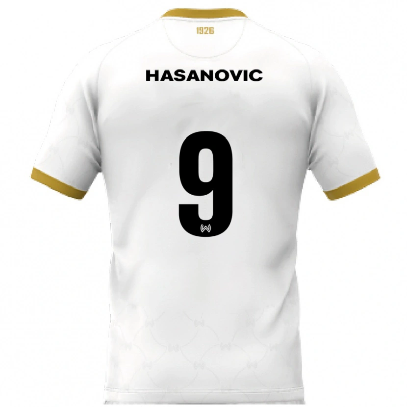 Danxen Bambino Maglia Karim Hasanovic #9 Bianco Oro Kit Gara Away 2025/26 Maglietta