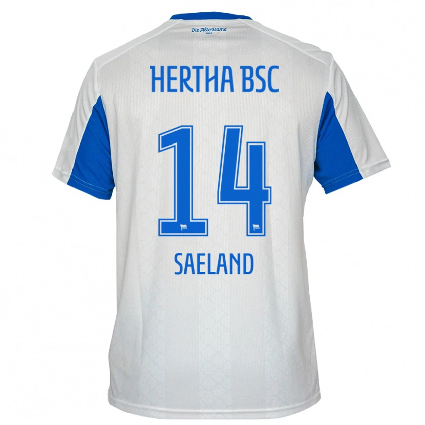 Danxen Uomo Maglia Sari Saeland #14 Bianco Blu Kit Gara Away 2025/26 Maglietta
