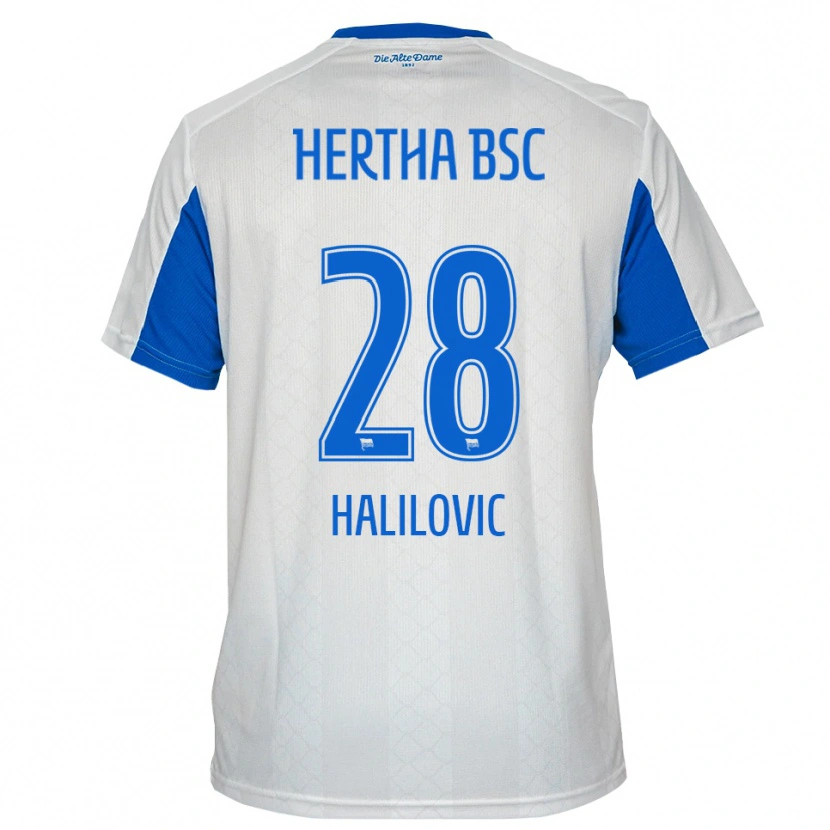 Danxen Uomo Maglia Din Halilovic #28 Bianco Blu Kit Gara Away 2025/26 Maglietta
