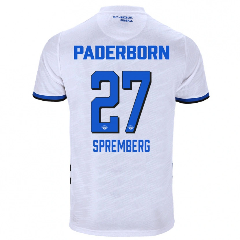 Danxen Uomo Maglia Lenn Spremberg #27 Bianco Blu Kit Gara Away 2025/26 Maglietta