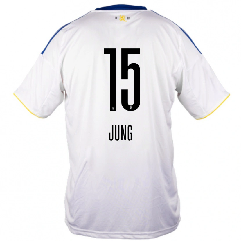 Danxen Uomo Maglia Elias Jung #15 Bianco Blu Giallo Kit Gara Away 2025/26 Maglietta