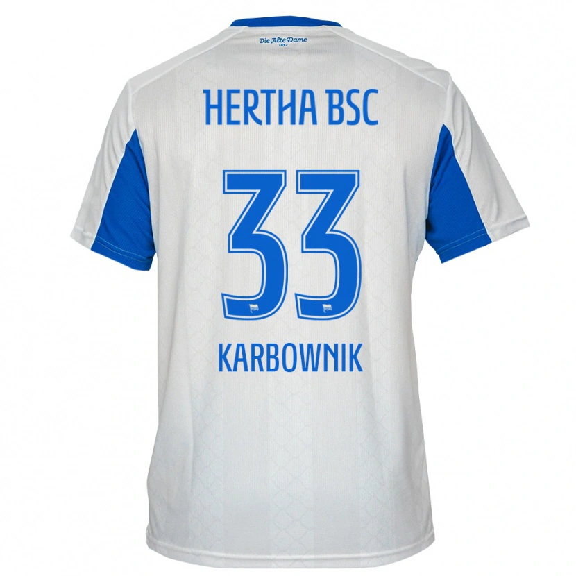 Danxen Donna Maglia Michal Karbownik #33 Bianco Blu Kit Gara Away 2025/26 Maglietta