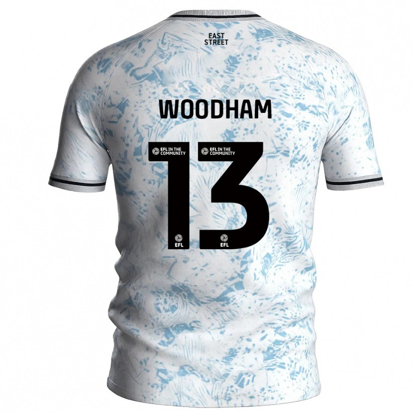 Danxen Bambino Maglia Finley Woodham #13 Bianco Azzurro Cielo Kit Gara Away 2025/26 Maglietta