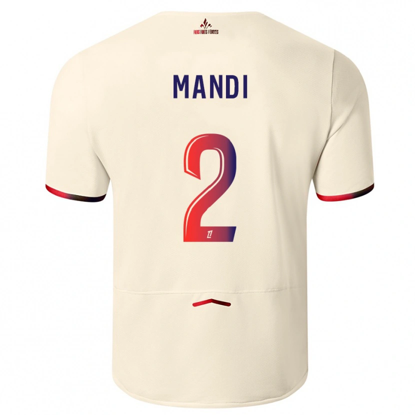 Danxen Bambino Maglia Aïssa Mandi #2 Bianco Sporco Rosso Kit Gara Away 2025/26 Maglietta