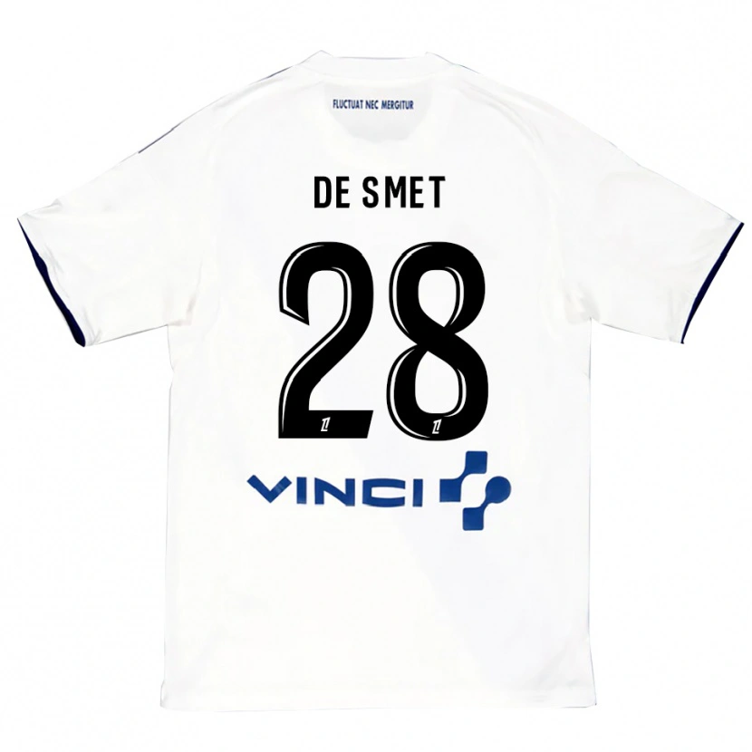 Danxen Bambino Maglia Thibault De Smet #28 Bianco Blu Kit Gara Away 2025/26 Maglietta