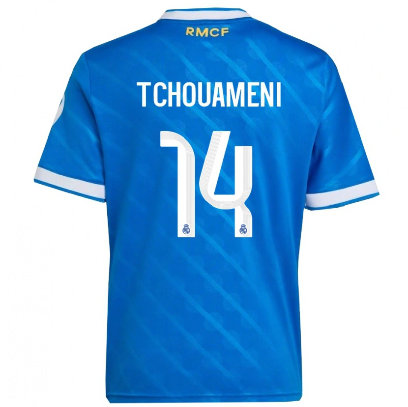 Danxen Donna Maglia Aurélien Tchouaméni #14 Blu Bianco Kit Gara Third 2025/26 Maglietta