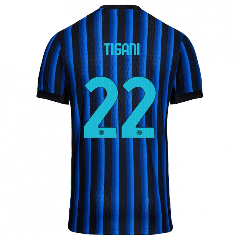 Danxen Bambino Maglia Edoardo Tigani #22 Nero Blu Kit Gara Home 2025/26 Maglietta