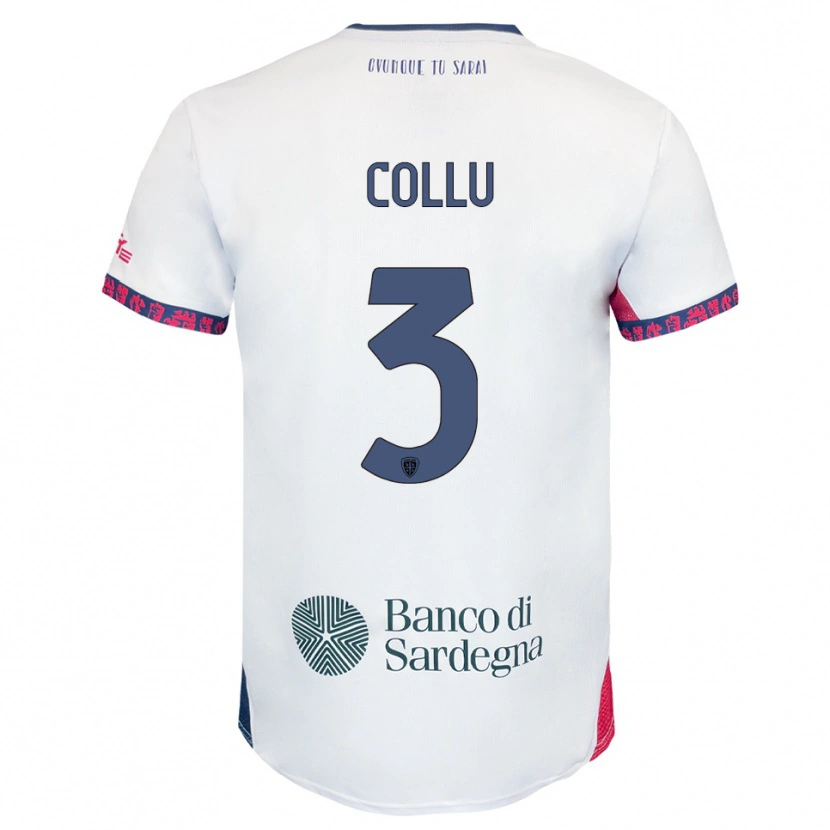 Danxen Bambino Maglia Davide Collu #3 Bianco Blu Navy Rosso Kit Gara Away 2025/26 Maglietta