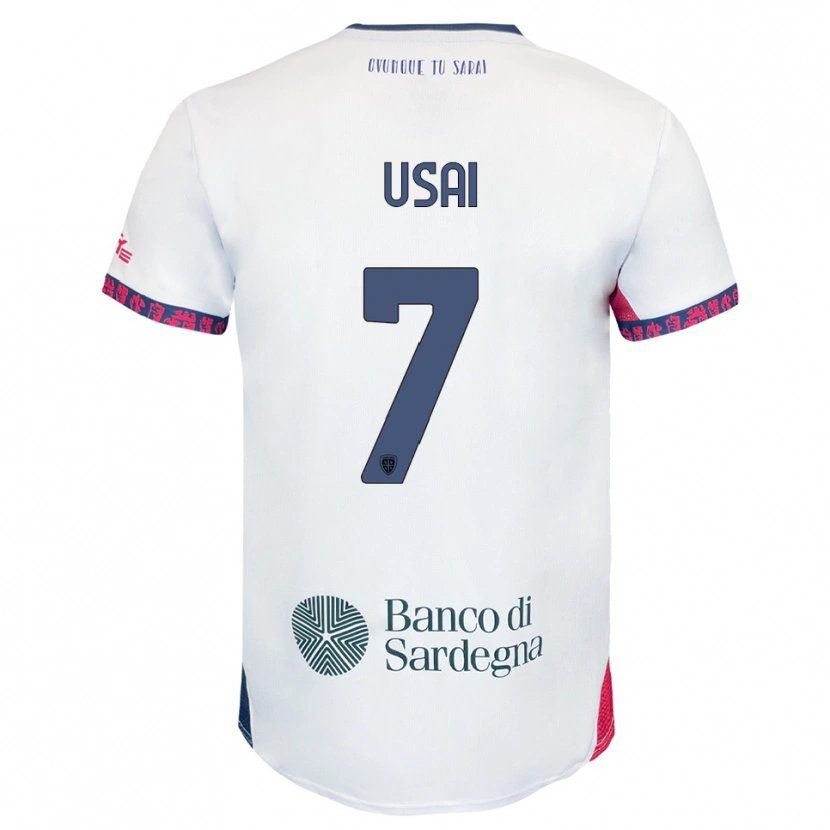 Danxen Bambino Maglia Carlo Usai #7 Bianco Blu Navy Rosso Kit Gara Away 2025/26 Maglietta