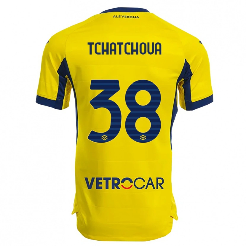 Danxen Bambino Maglia Jackson Tchatchoua #38 Giallo Blu Navy Kit Gara Away 2025/26 Maglietta