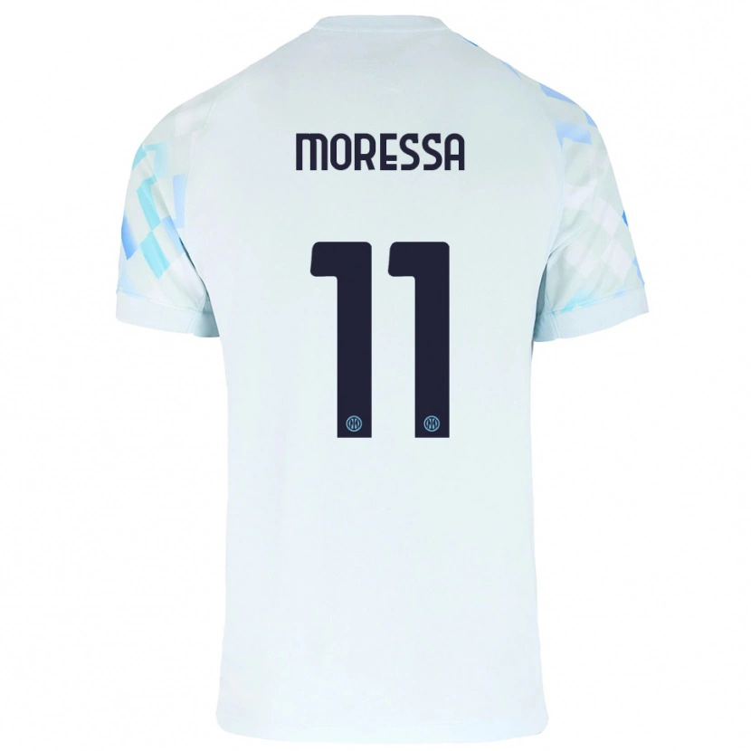 Danxen Bambino Maglia Kevin Moressa #11 Bianco Blu Kit Gara Away 2025/26 Maglietta