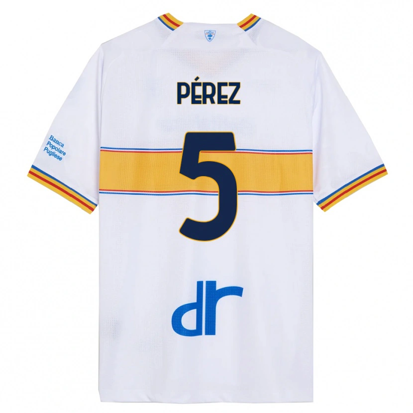 Danxen Bambino Maglia Matías Pérez #5 Bianco Giallo Kit Gara Away 2025/26 Maglietta