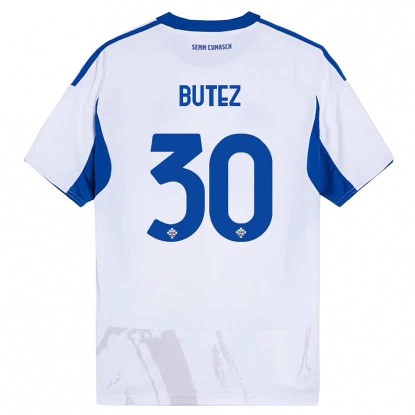 Danxen Bambino Maglia Jean Butez #30 Bianco Blu Kit Gara Away 2025/26 Maglietta