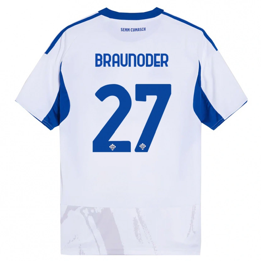 Danxen Bambino Maglia Matthias Braunöder #27 Bianco Blu Kit Gara Away 2025/26 Maglietta