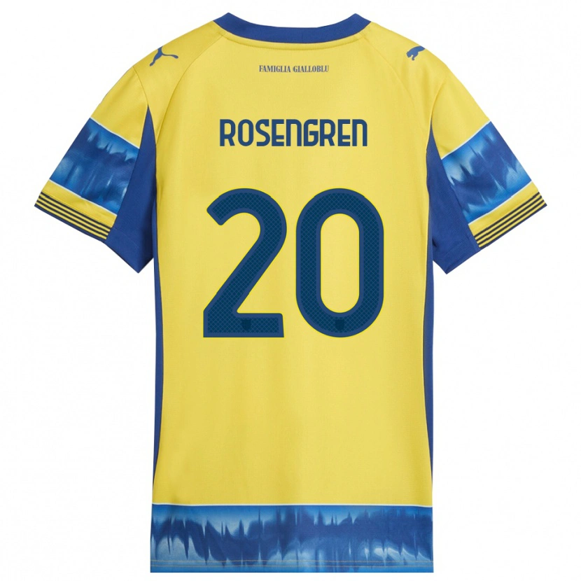 Danxen Bambino Maglia Lukas Rosengren #20 Giallo Blu Kit Gara Away 2025/26 Maglietta