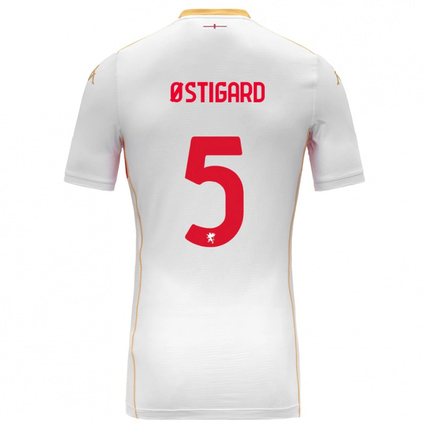 Danxen Donna Maglia Leo Østigård #5 Bianco Rosso Kit Gara Away 2025/26 Maglietta