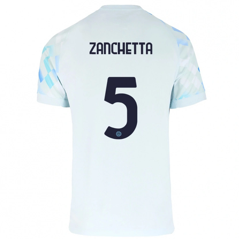Danxen Donna Maglia Mattia Zanchetta #5 Bianco Blu Kit Gara Away 2025/26 Maglietta