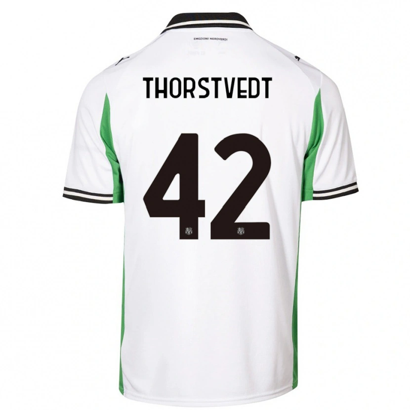 Danxen Donna Maglia Kristian Thorstvedt #42 Bianco Verde Nero Kit Gara Away 2025/26 Maglietta