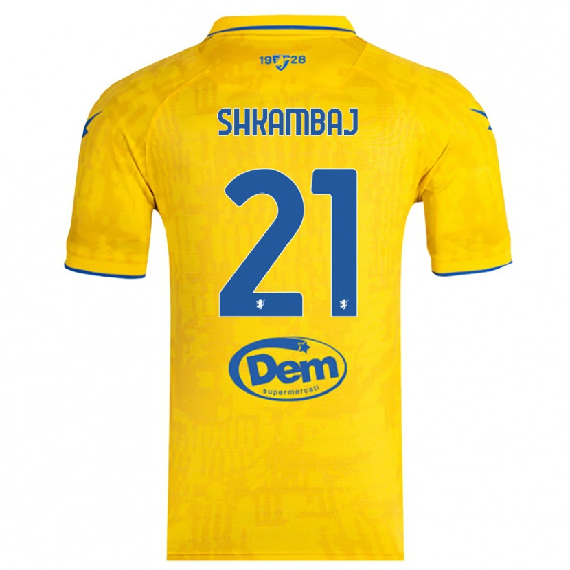 Danxen Bambino Maglia Ardit Shkambaj #21 Giallo Blu Kit Gara Home 2025/26 Maglietta