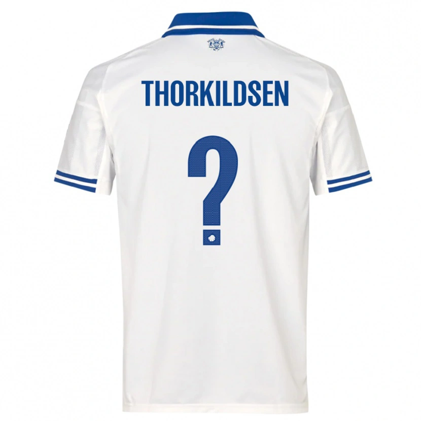 Danxen Bambino Maglia Elias Thorkildsen #0 Bianco Blu Kit Gara Home 2025/26 Maglietta