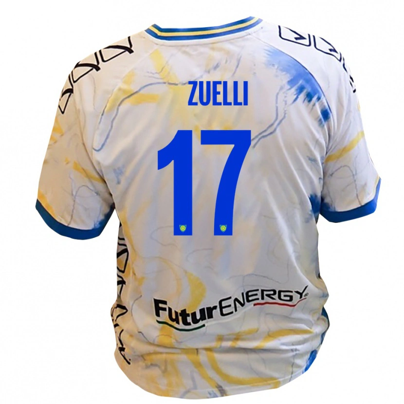 Danxen Bambino Maglia Emanuele Zuelli #17 Bianco Giallo Blu Kit Gara Away 2025/26 Maglietta