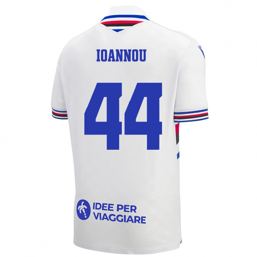 Danxen Bambino Maglia Nikolas Ioannou #44 Bianco Blu Rosso Kit Gara Away 2025/26 Maglietta