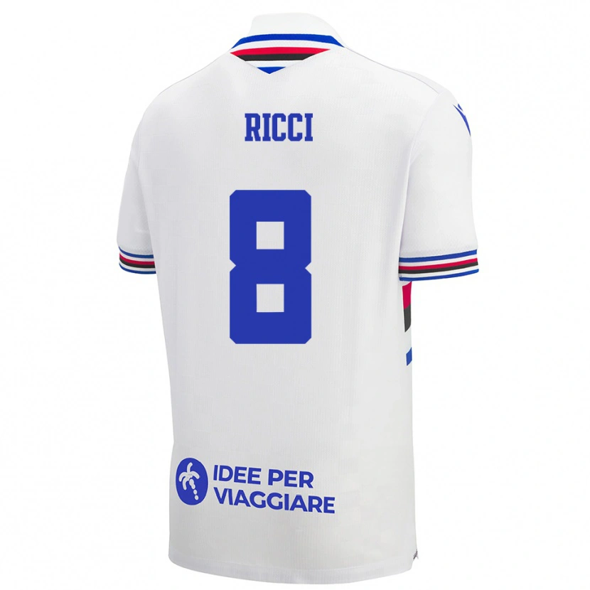 Danxen Bambino Maglia Matteo Ricci #8 Bianco Blu Rosso Kit Gara Away 2025/26 Maglietta