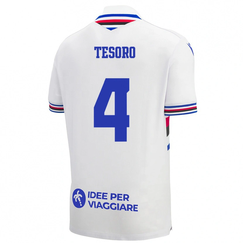 Danxen Bambino Maglia Cristian Tesoro #4 Bianco Blu Rosso Kit Gara Away 2025/26 Maglietta