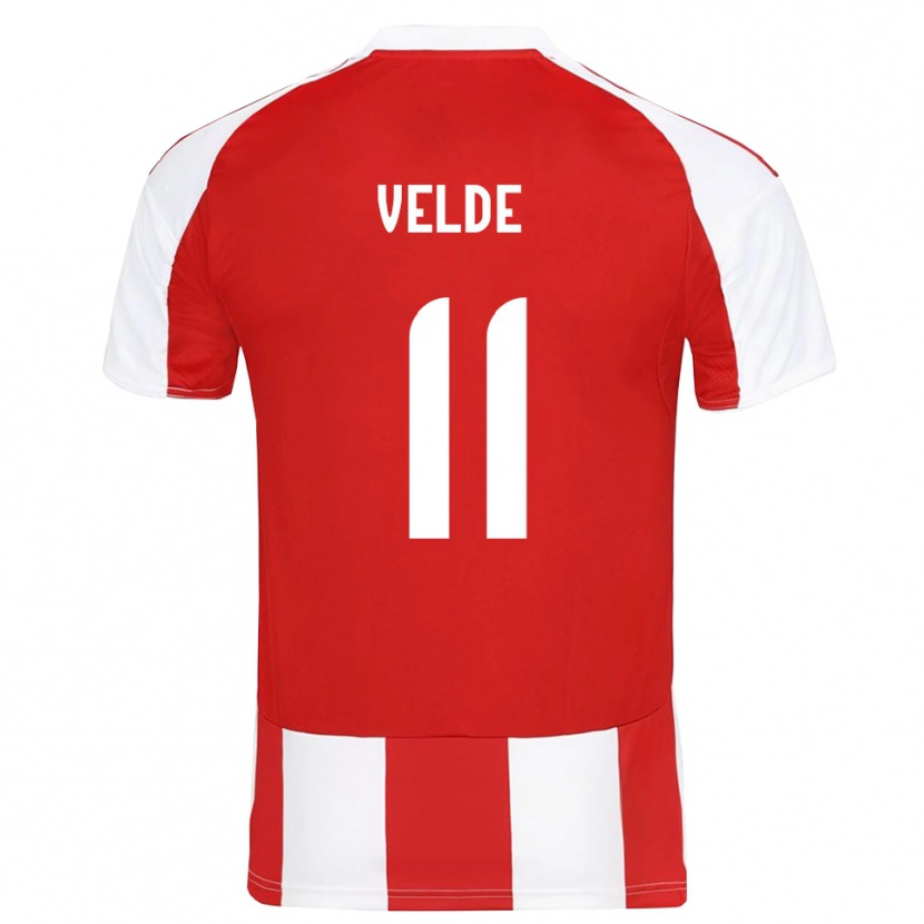 Danxen Uomo Maglia Kristoffer Velde #11 Rosso Bianco Kit Gara Home 2025/26 Maglietta