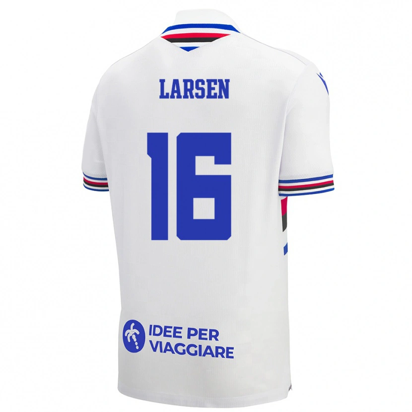 Danxen Uomo Maglia Kathrine Østergaard Larsen #16 Bianco Blu Rosso Kit Gara Away 2025/26 Maglietta