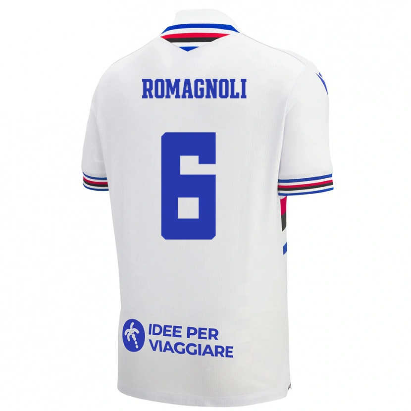 Danxen Donna Maglia Simone Romagnoli #6 Bianco Blu Rosso Kit Gara Away 2025/26 Maglietta