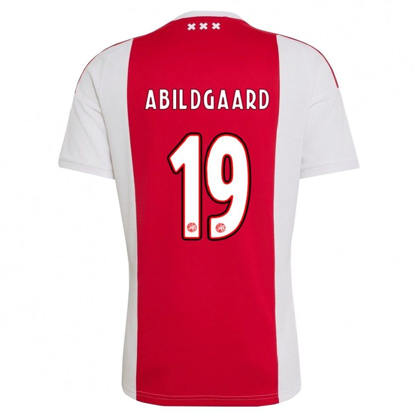Danxen Bambino Maglia Lasse Abildgaard #19 Rosso Bianco Giallo Kit Gara Home 2026/27 Maglietta