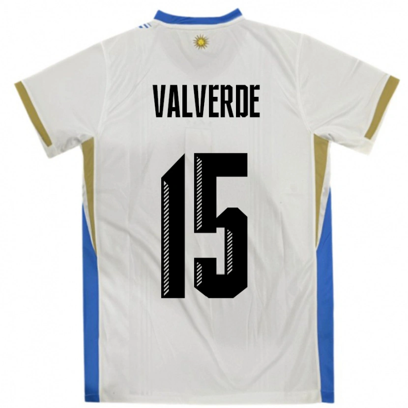 Danxen Bambino Maglia Uruguay Federico Valverde #15 Bianco Blu Kit Gara Away 24-26 Maglietta
