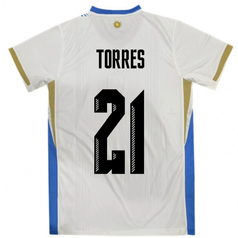 Danxen Bambino Maglia Uruguay Facundo Torres #21 Bianco Blu Kit Gara Away 24-26 Maglietta